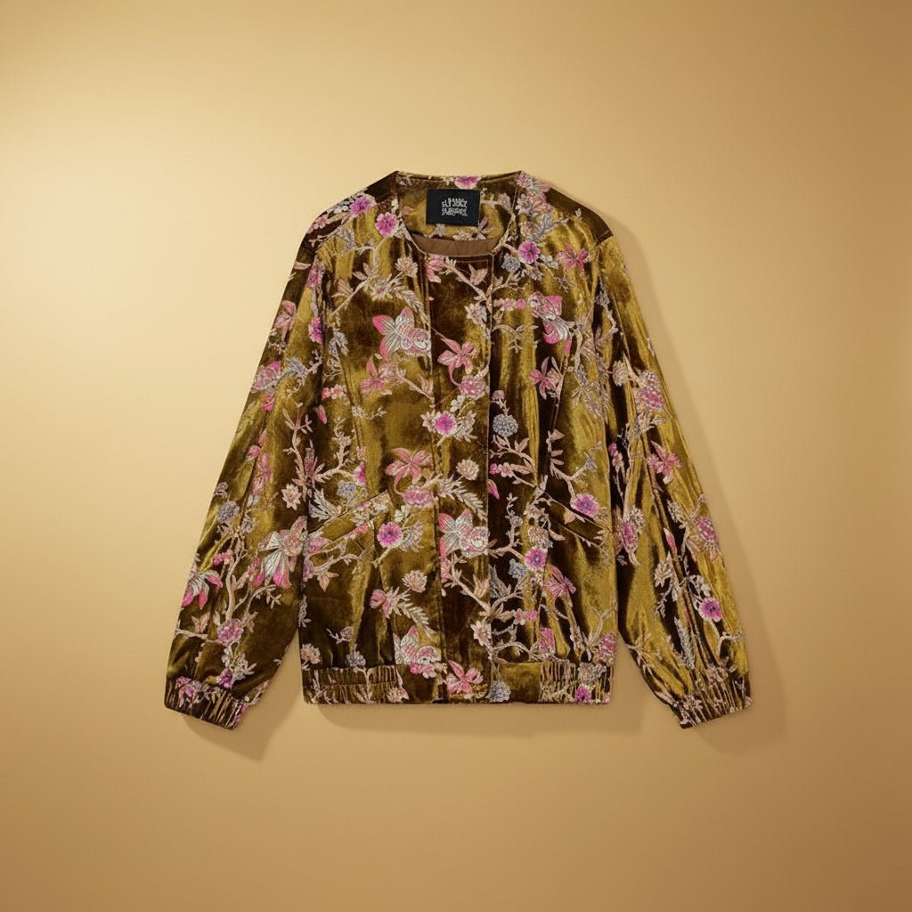 Elegant retro floral Velvet Short Jacket Gold top. - GoSobiShop Boutique